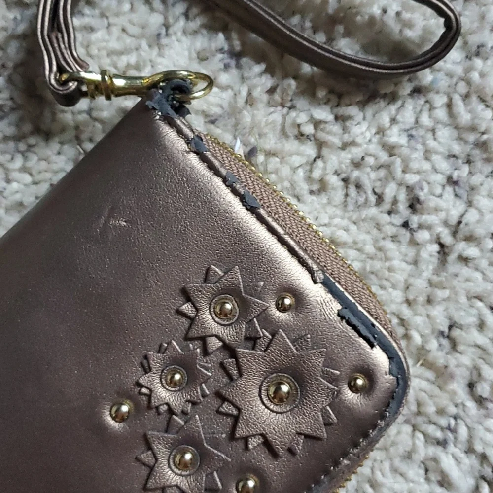 Target brown metallic flower applique clutch wallet wrist bag wristlet